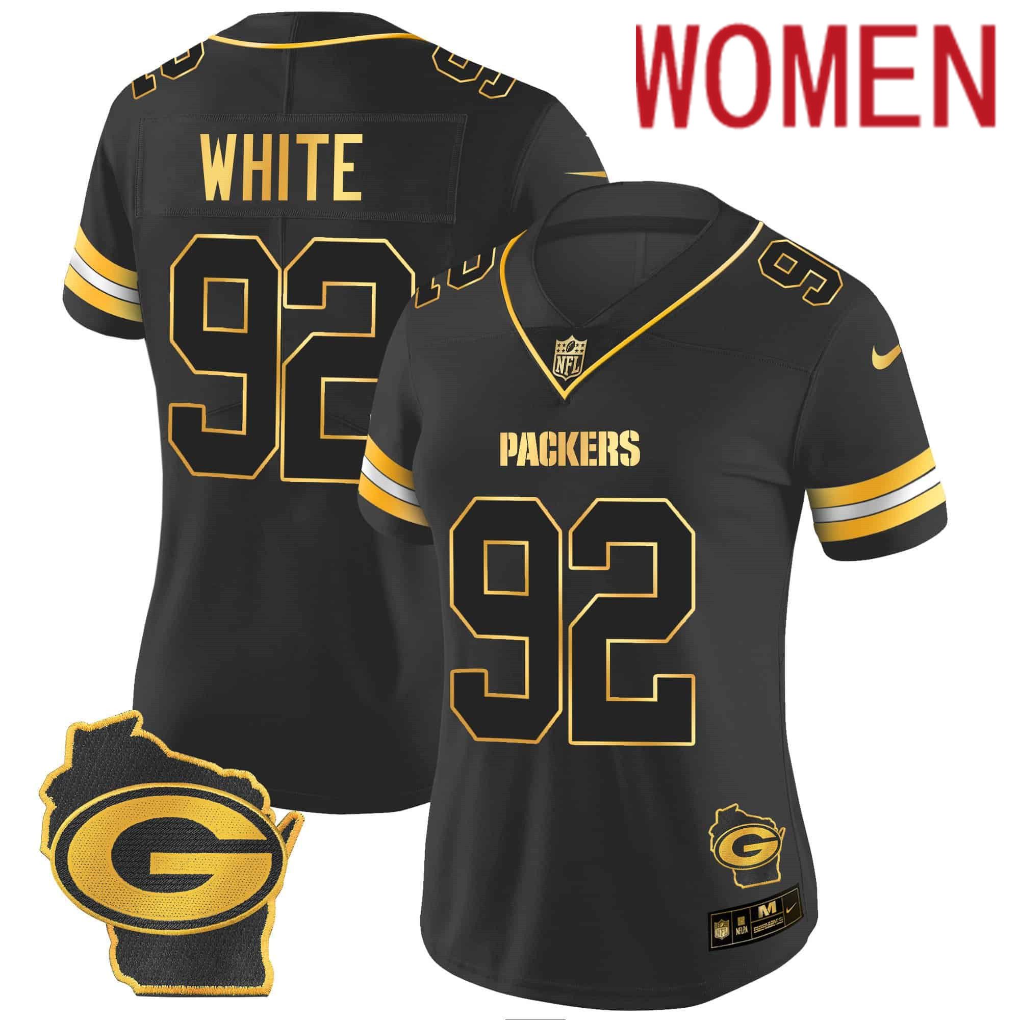 Women Green Bay Packers 92 White Black Gold 2024 Nike Home Patch Vapor NFL Jersey style 2